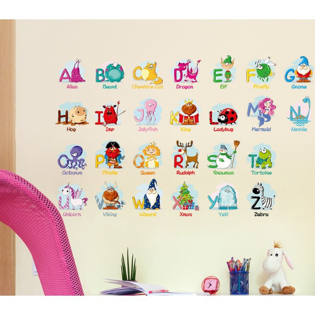 Decal dán tường bảng chữ cái tiếng anh có hình sinh động