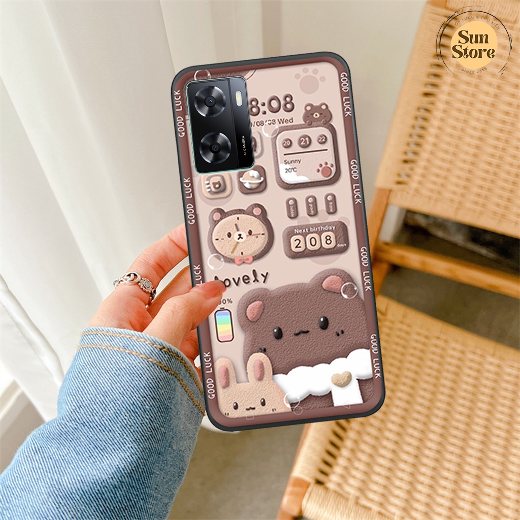 Ốp lưng Oppo A57/ A57 2022 hoạ tiết 3D nền kẻ caro, gấu đáng yêu viền dẻo