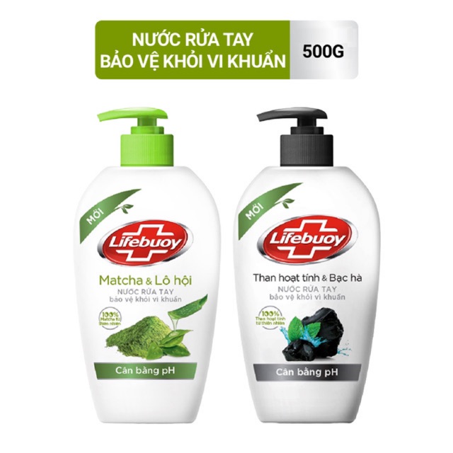 Nước Rửa Tay Lifebouy Cân Bằng PH Than Hoạt Tính Bạc Hà/ Matcha và Lô Hội chai 500g