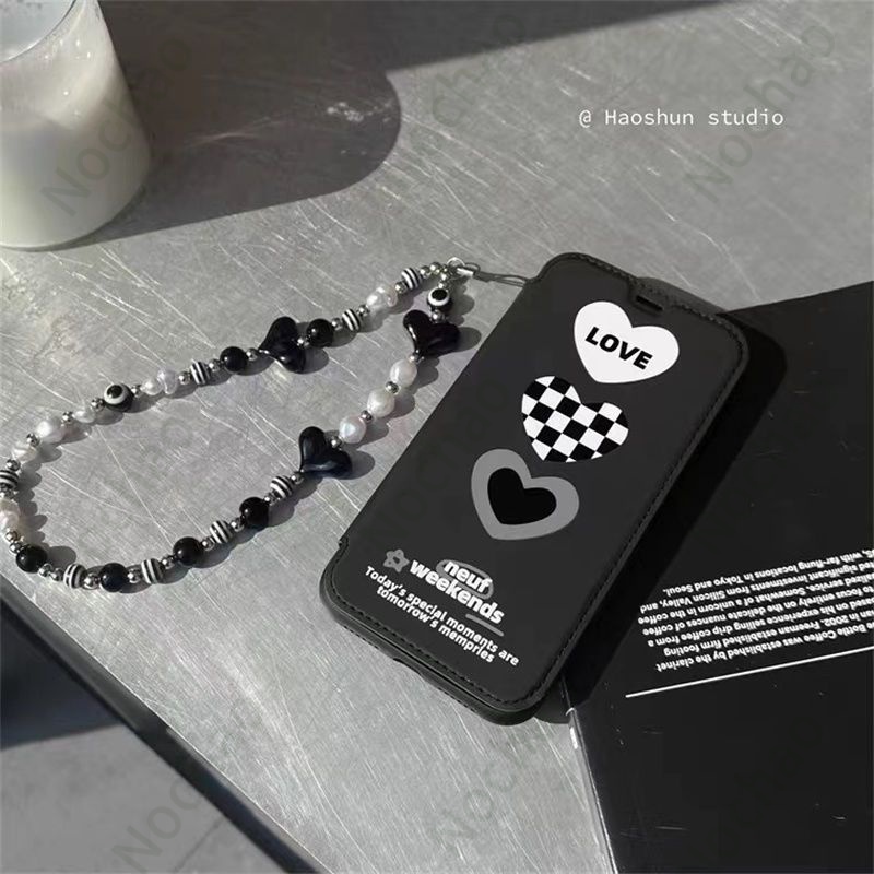 Bao Da Điện Thoại Nắp Lật Họa Tiết Kẻ Sọc / Trái Tim Có Dây Đeo Tay Cho iPhone13 13pro max12 8plus