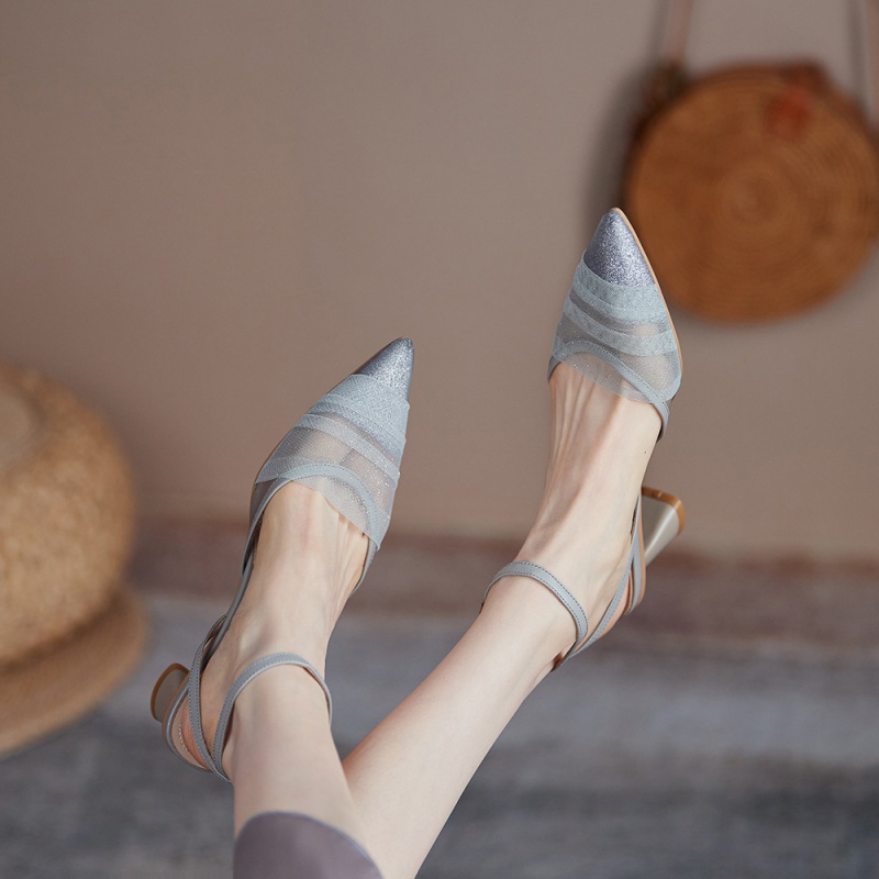 Giày Sandal Cao Gót Dày Phối Lưới Thanh Lịch Quyến Rũ Dễ Phối Đồ Thời Trang Cho Nữ