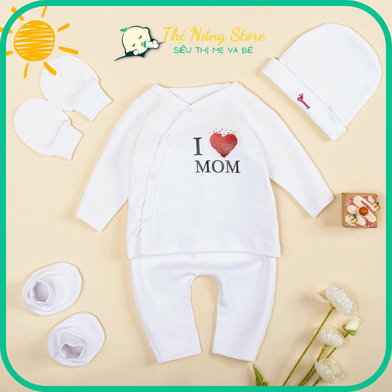 Bộ quần áo sơ sinh dài tay cotton BUNNY 5 chi tiết cho bé 0-3 tháng (Quần - Áo - Mũ - Bao tay - Bao chân) Thị Nắng Store