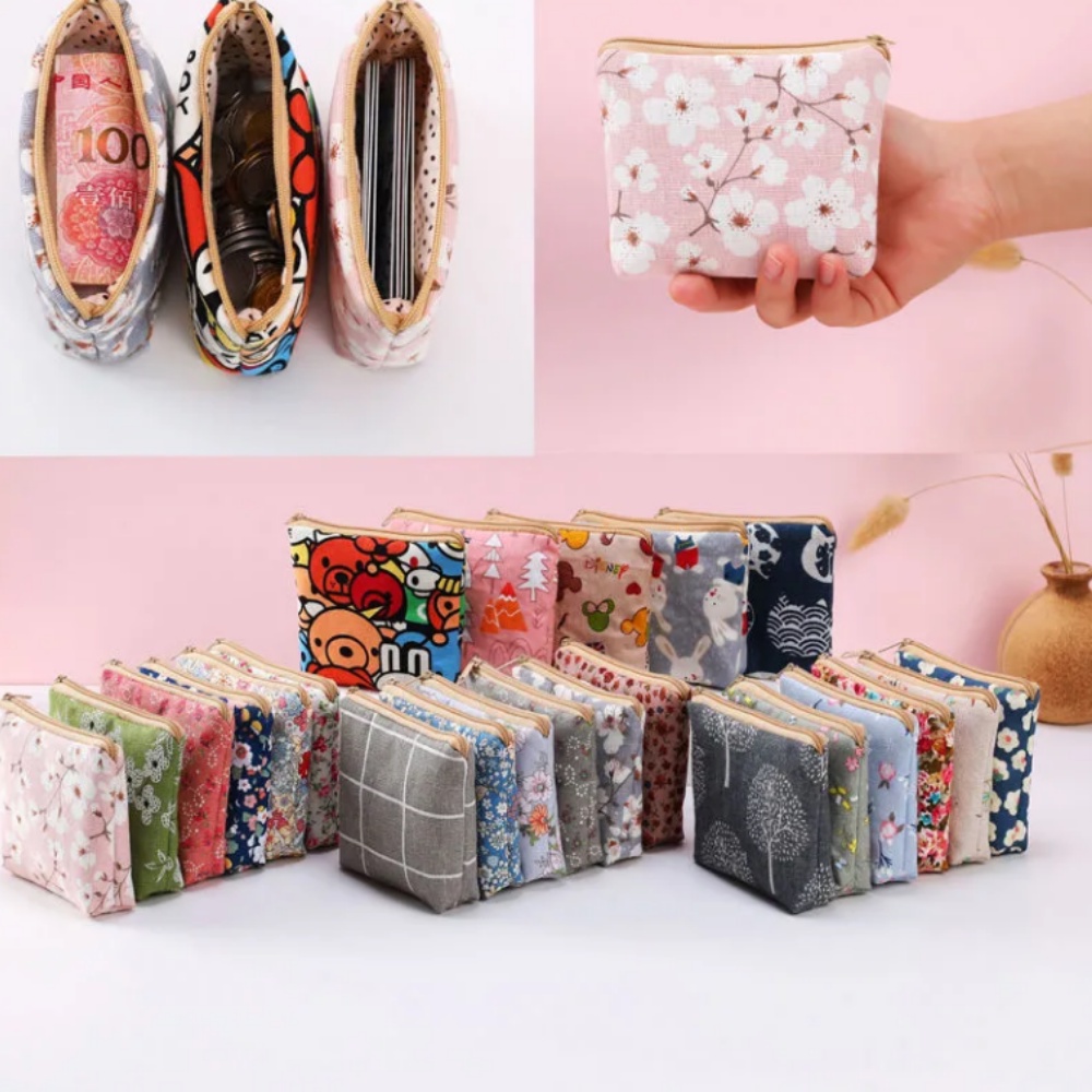 Ví vải cầm tay in hoa phong cách hoạt hình Nhật Hàn đựng tiền xu/móc khóa