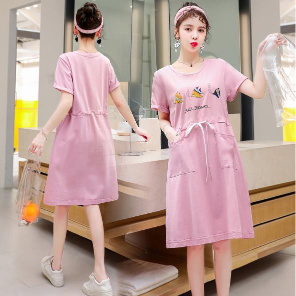 XẢ HÀNG VÁY HÈ : Váy Bầu Phông Hồng Họa Tiết Chỉnh Eo Cá Tính
