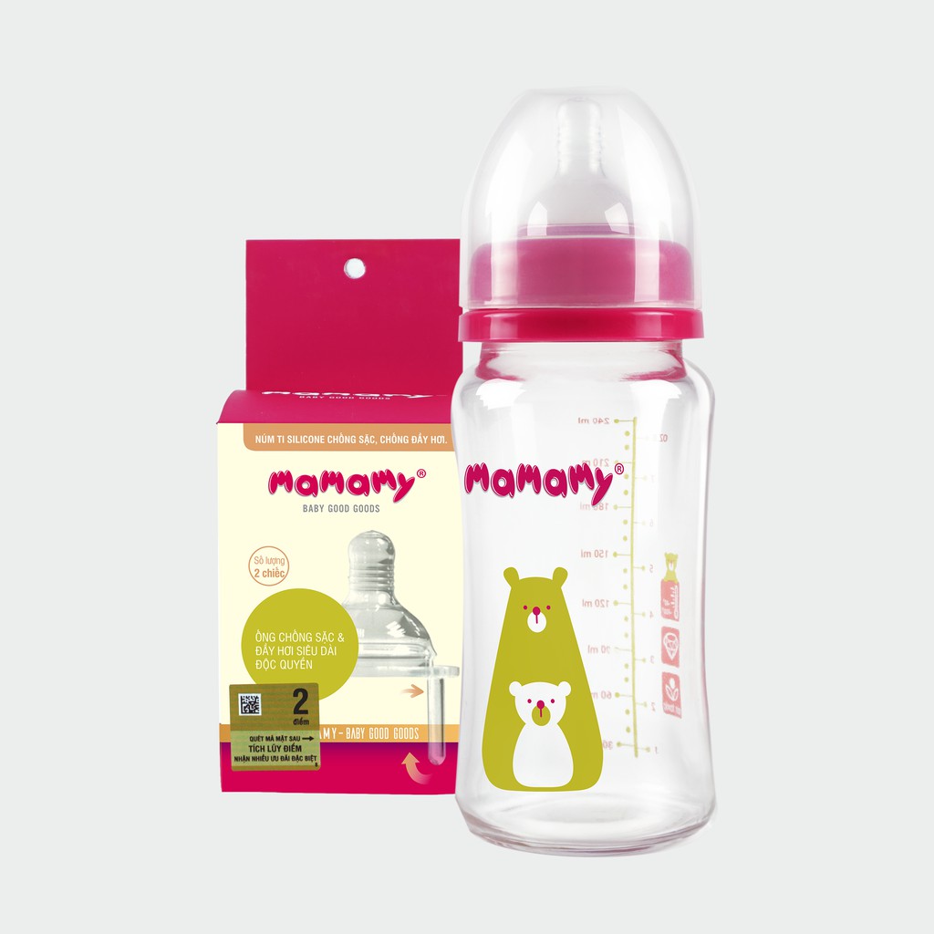 Combo bình sữa thủy tinh cổ rộng chống sặc và đầy hơi Mamamy 240ml + 1 hộp núm ti chống sặc và đầy hơi