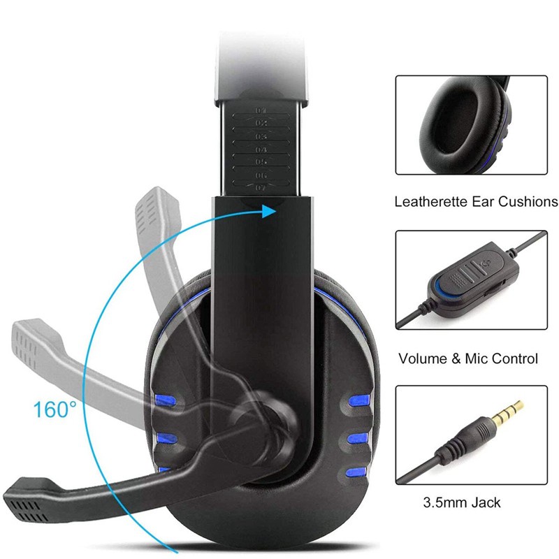 Wired Headphones with Mic Laptop Phone Stereo Sound Gaming Computer Headset for Sony PS5 PS4 Blue