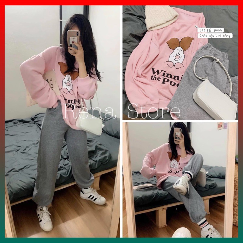 Bộ nỉ bông nữ ❤️Sale❤️ Đồ bộ nữ dáng Unisex , set quần áo nữ thu đông Freesize ,bộ nỉ thu đông lợn hồng kèm quần jogger