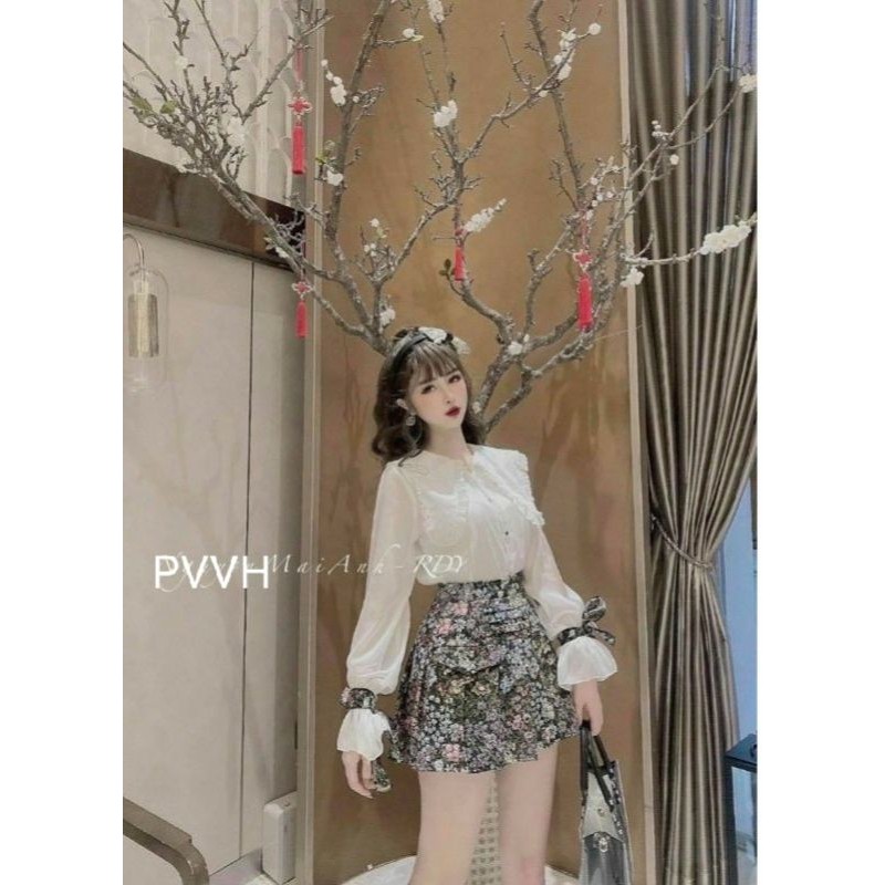 SET ÁO SƠ MI MIX CHANAN VÁY HOA CÓ LÓT MẶC TIỂU THƯ BÁ CHÁY