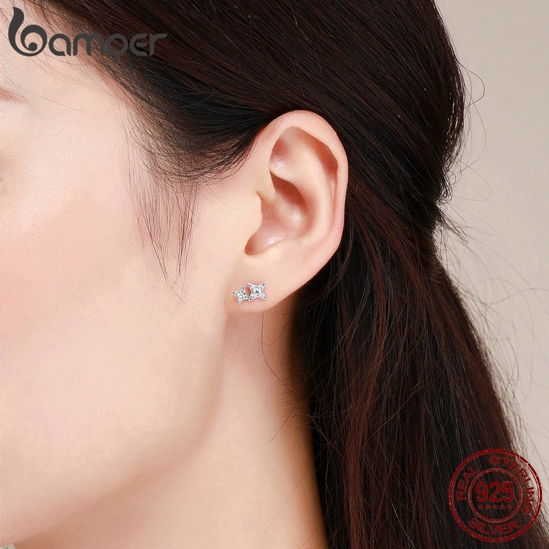 Khuyên tai Bamoer SCE432 bằng bạc 925 hình ngôi sao đính đá zircon xinh xắn cho nữ