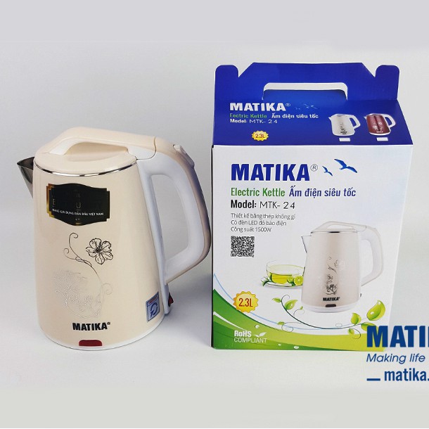 Ấm siêu tốc 2 lớp Matika MTK-24 vỏ bằng nhựa chống bỏng, lòng inox 304 không gỉ