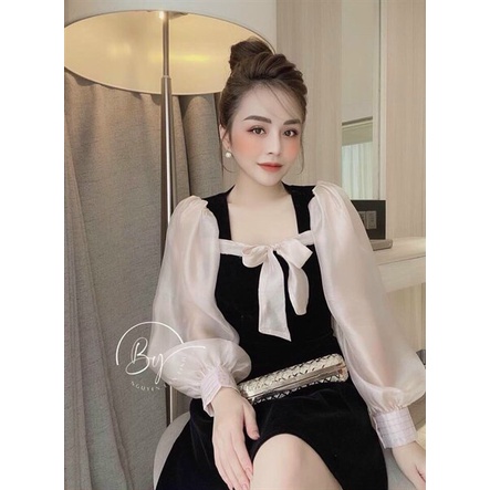 (Sale FreeShip) Đầm tiểu thư đi tiệc dáng xòe,cổ vuông cột nơ tay phối voan dễ thương,diện đi đâu cũng xinh ạ
