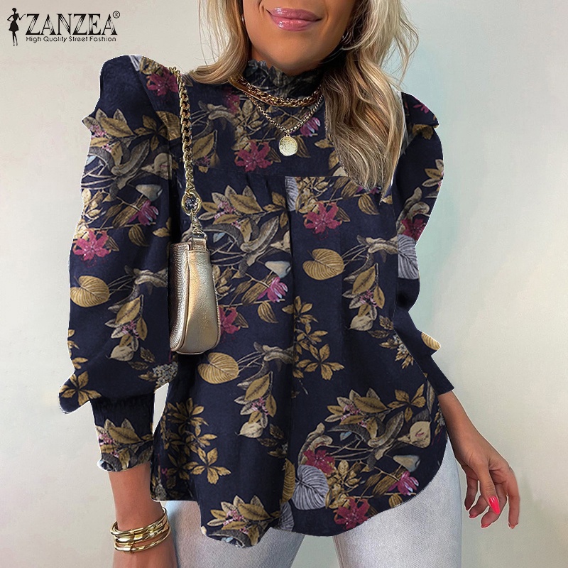 ZANZEA Áo Kiểu Tay Phồng Dài Cổ Đứng In Họa Tiết Thời Trang Cho Nữ