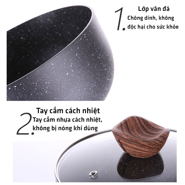 Bộ nồi chảo chống dính Vân Đá Đáy Từ Cát Á Chiên, Xào, Nấu, Hấp Dùng Được Cho Bếp Từ, Bếp Gas, Hồng Ngoại  VT160
