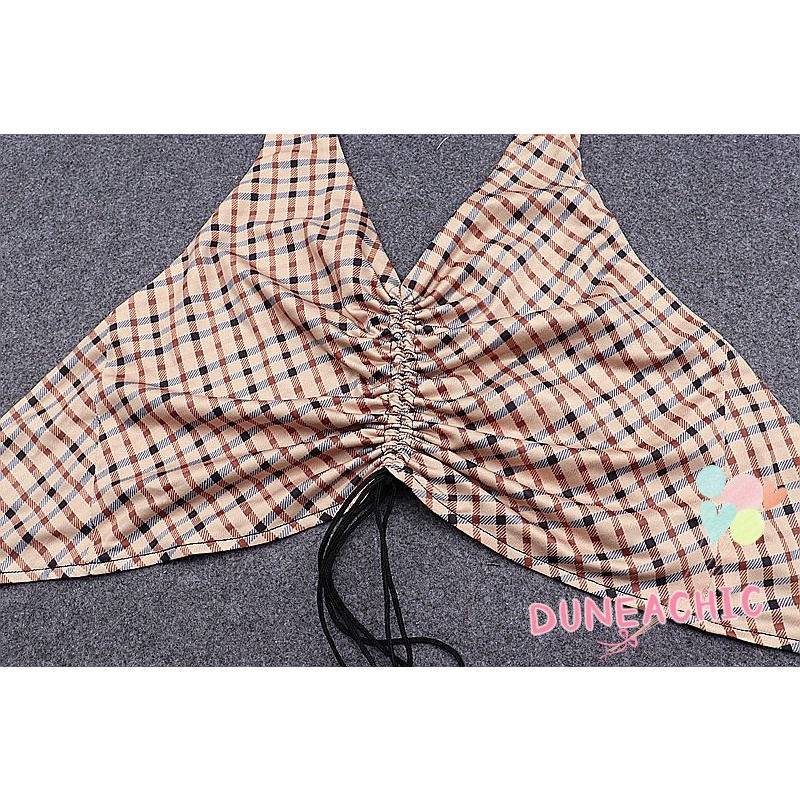 Áo Croptop Hai Dây Hở Lưng Họa Tiết Sọc Caro Phong Cách Quyến Rũ