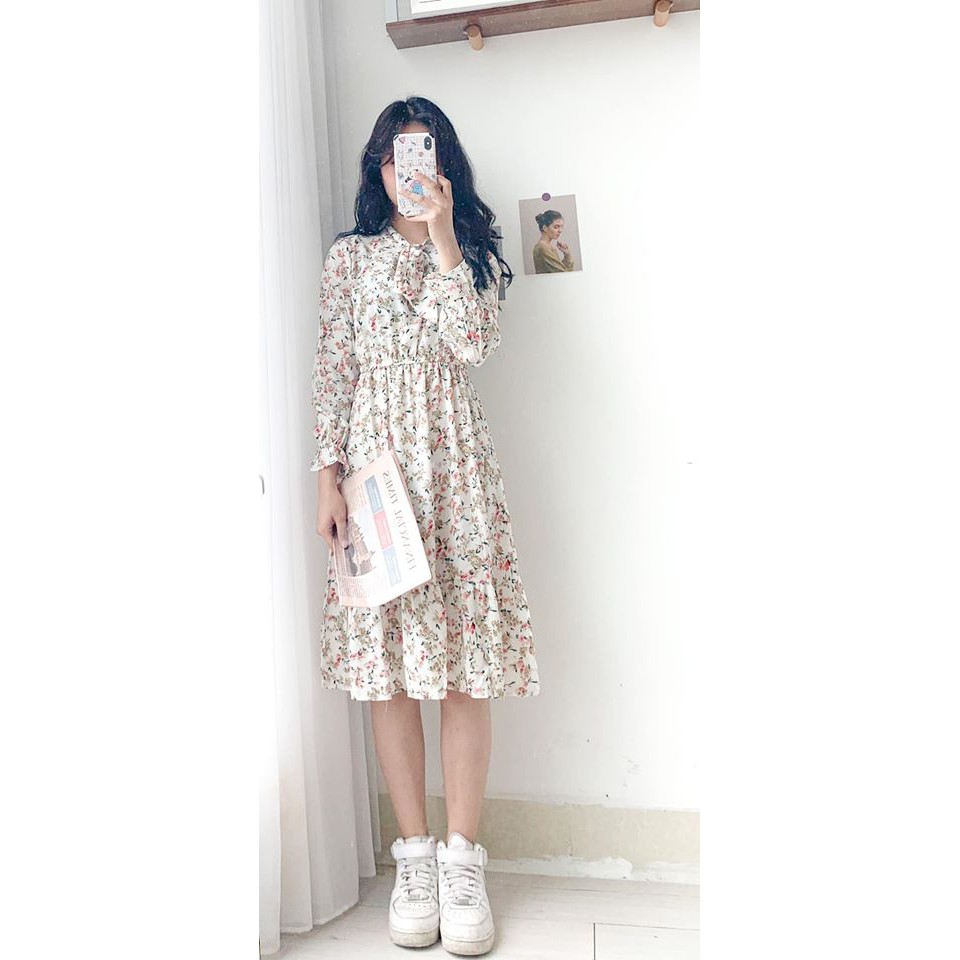Váy hoa nhí dài tay thắt nơ - Váy vintage - Đầm thu đông - Xưởng May Hạnh Hồng | BigBuy360 - bigbuy360.vn
