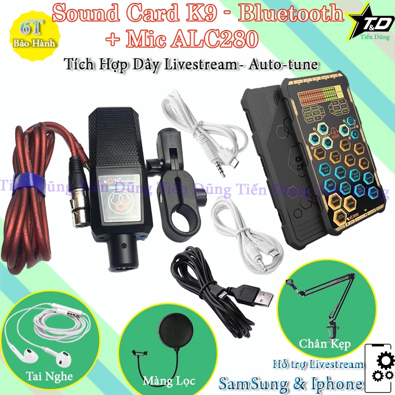 Bộ Livestream Mic Aqta ALC280 Sound Card K9 Có Autu-tune  Bluetooth Pin Đèn Led Chân Kẹp Màng Lọc - Micro Thu Âm Trọn Bộ