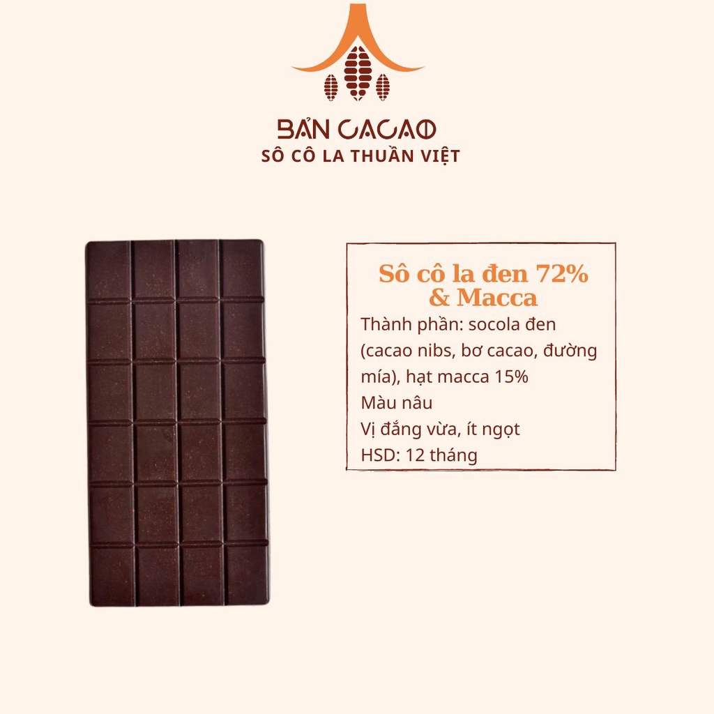 Socola đen nhân hạt macca đắng vừa ít ngọt Bản Cacao - Vietnam Dark chocolate with macadamian