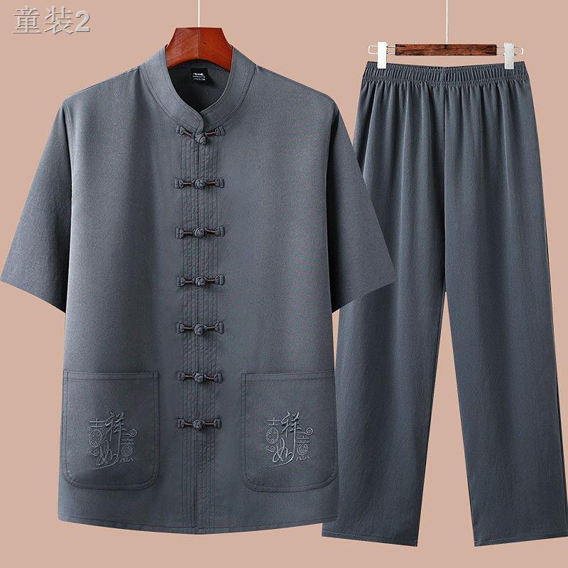 ✶❡Bộ đồ nam ngắn tay cotton và vải lanh 50 quần áo mùa hè cho người cha trung niên già Hán 60 tuổi phong cách Q