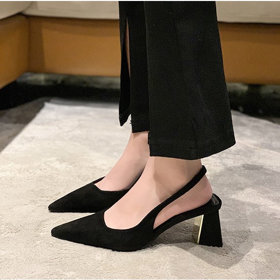 Giày Mules slingback da lộn mũi nhọn quai chun đế tráng gương công sở