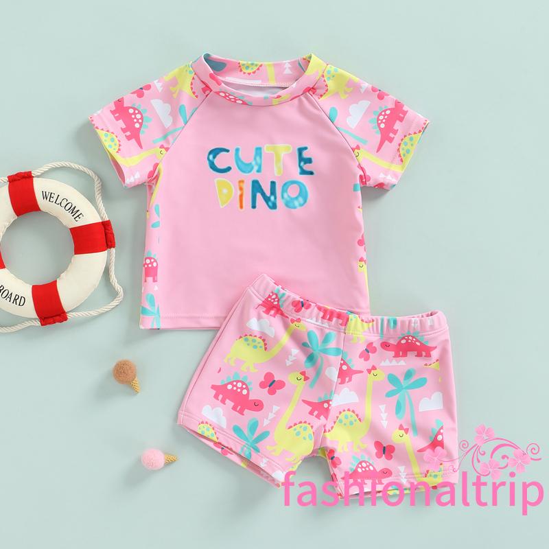 ♡Fx❈Bộ Đồ Bơi Hai Mảnh Áo Tay Ngắn In Hình Khủng Long Hoạt Hình + Quần Short Dành Cho Bé Gái