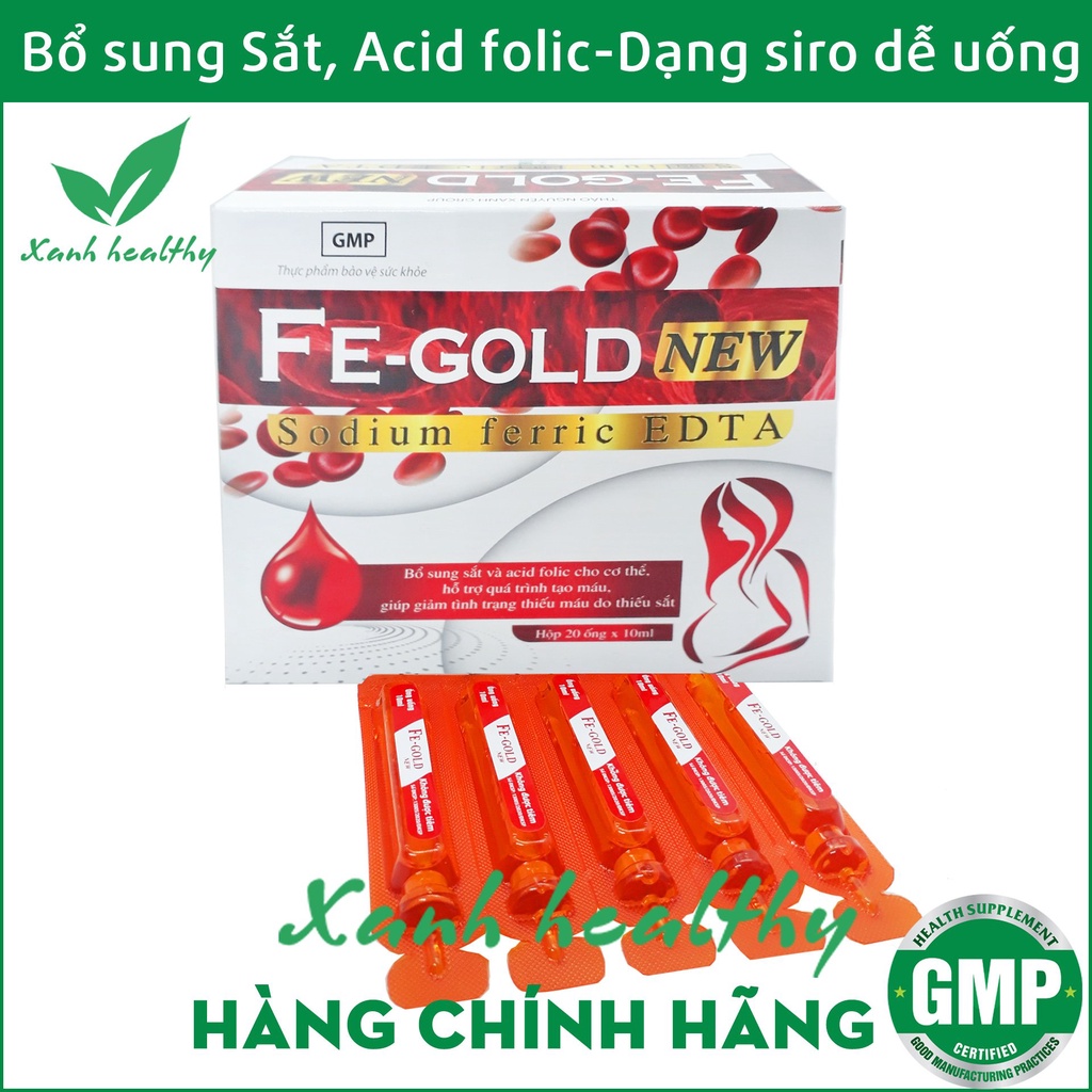 FE GOLD NEW Bổ sung sắt, Acid Folic cho bà bầu và trẻ từ 2 tuổi -Dạng siro an toàn, dễ uống- Hộp 20 ống*10ml