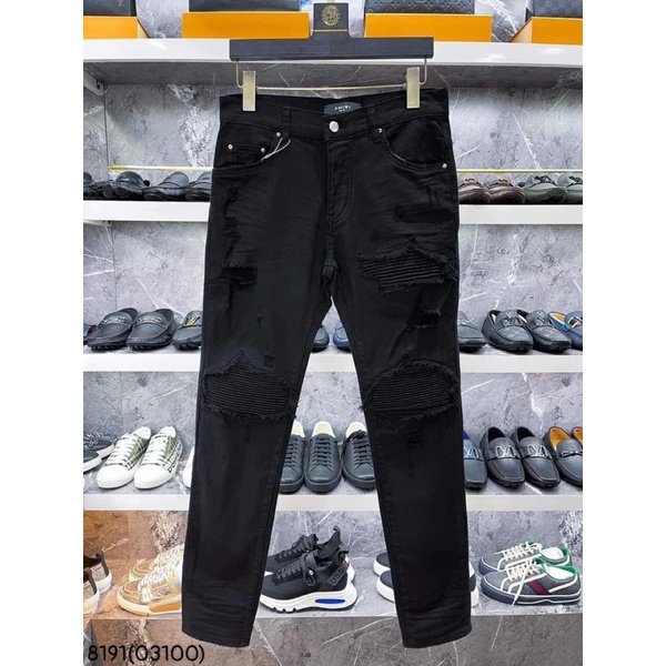 Quần jean đen nam vá nhăn đen khâu viền,Quần bò nam vá nhăn Aimiri rách gối dáng slimfit
