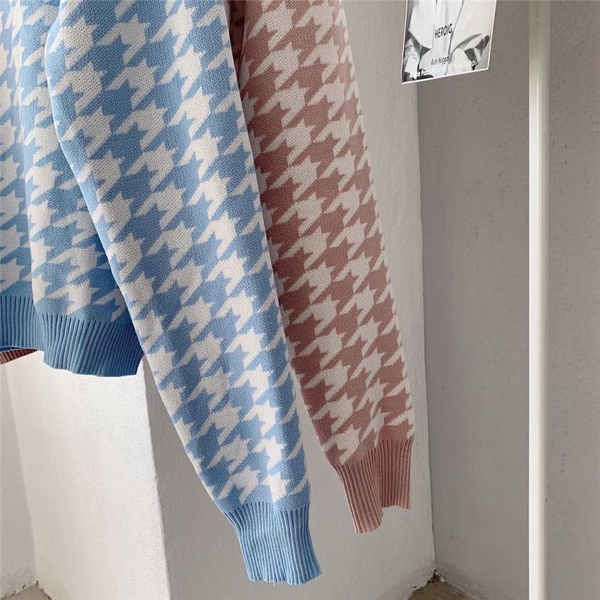 Áo len tay dài cổ tròn họa tiết Houndstooth phong cách Hàn Quốc