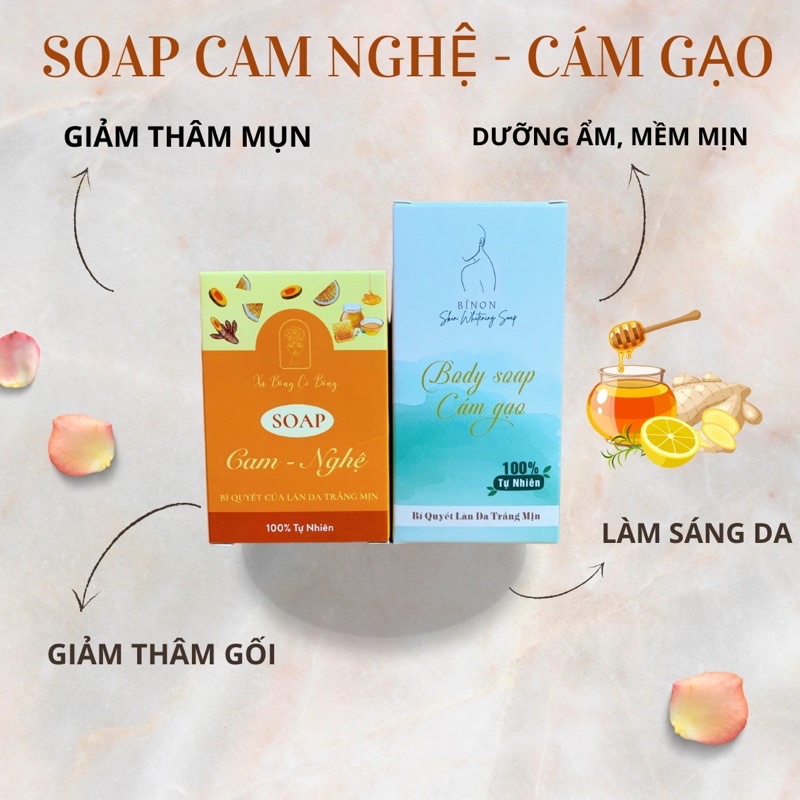 Combo xà bông cam nghệ và Xà bông cám gạo + TẶNG KÈM TÚI ĐỰNG SOAP