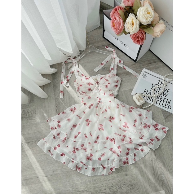 Set váy áo hoa nhí 2 dây, Set váy tiểu thư 2 dây hoa nhí kèm áo khoác CADIGAN thun gân cao cấp bao xinh.