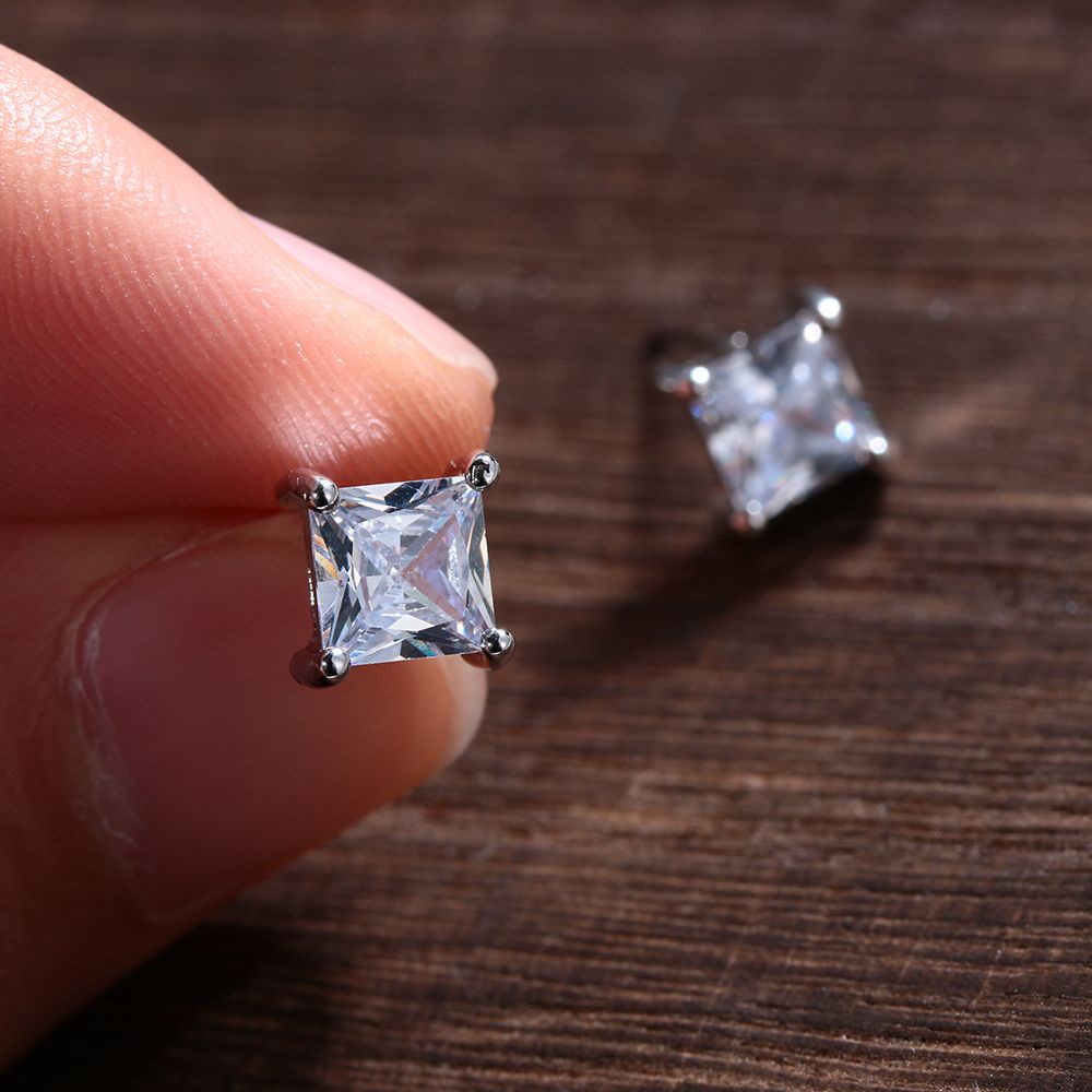 Bông tai đính đá zircon trắng mặt vuông phong cách thời thời trang cho nam nữ