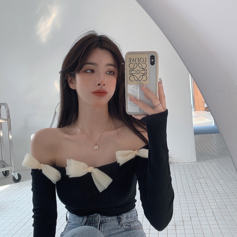 Áo thun bẹt vai tay dài cột nơ viền áo sexy mùa hè dành cho nữ / áo trễ vai thắt nơ AK44