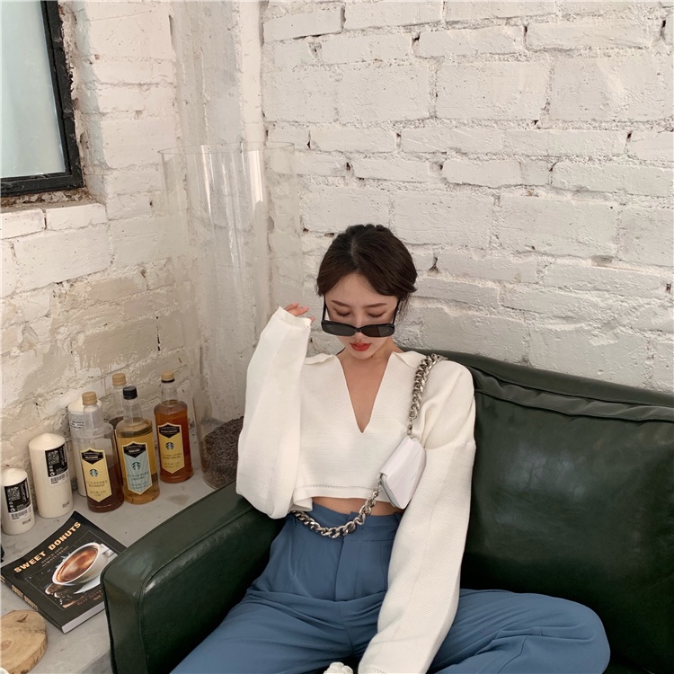 IELGY    Áo Thun Dệt Kim Cổ Chữ V Màu Trơn Dáng Rộng Phong Cách Hàn Quốc Cho Nữ