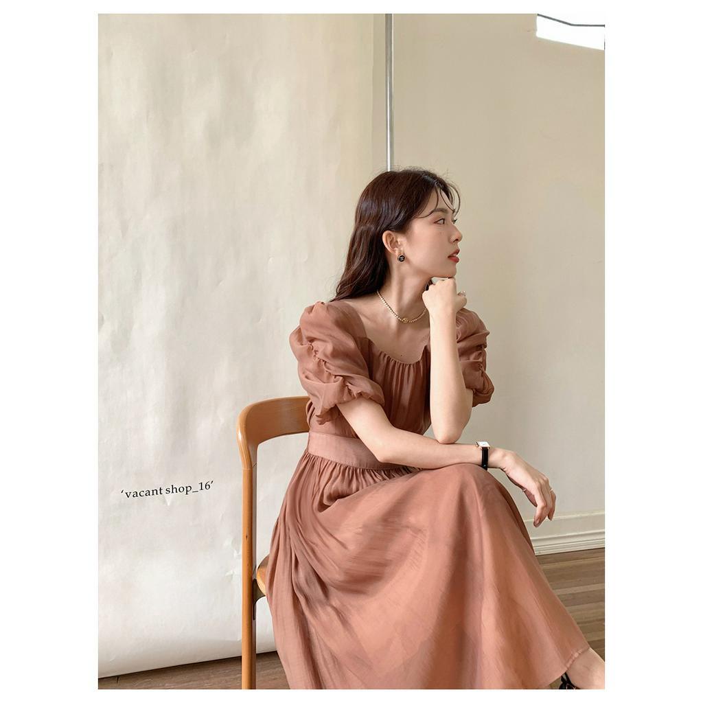 Đầm Tay Phồng Xếp Ly Màu Trơn Phong Cách Pháp Cổ Điển Thời Trang Mùa Hè Kiểu Mới 64057