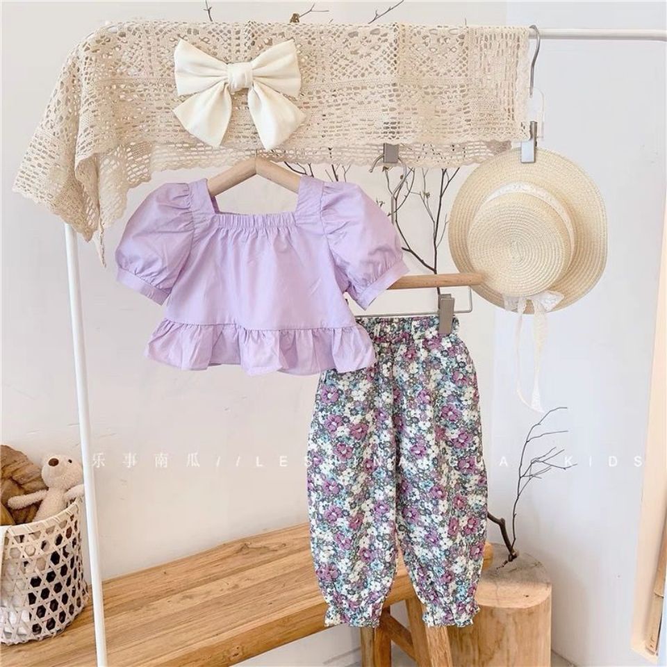 Set Đồ Mùa Hè 2 Món Gồm Áo Không Tay Cổ Vuông In Họa Tiết Hoa Và Quần Dài Thời Trang Hàn Quốc Cho Bé Gái