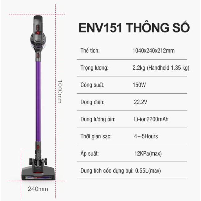 Máy Hút Bụi Không Dây Cầm Tay Dùng Pin Sạc Lock&amp;Lock ENV151 - BH 12 tháng - Hàng Chính Hãng