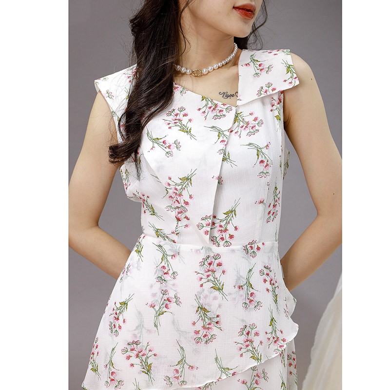 Đầm dáng xòe, bèo tầng, cổ ve lệch Emspo DS4030