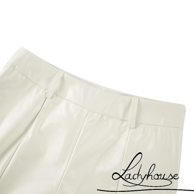 Quần da lưng cao màu trơn xẻ tà thời trang cho nữ