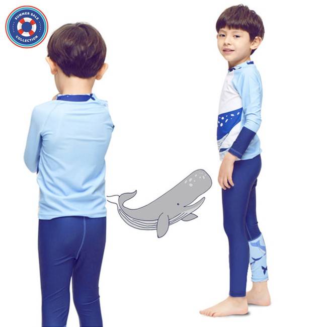 2Pcs/Set Boy Kid Split Swimwear Tops + Pants Blue Shark Long Sleeve Swimsuit Beachwear for 2-9 Years