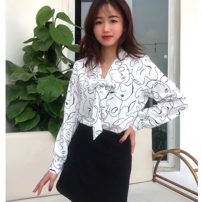 Áo sơ mi nữ công sở lụa tay phồng thắt nơ hàng thiết kế ALALA phong cách Hàn Quốc