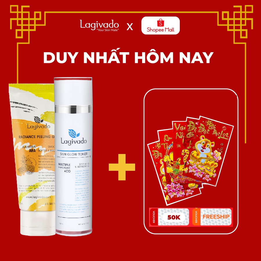 Bộ chăm sóc da mặt Hàn Quốc Lagivado gồm Skin Glow Toner120 ml và tẩy da chết Radiance Peeling 50 ml