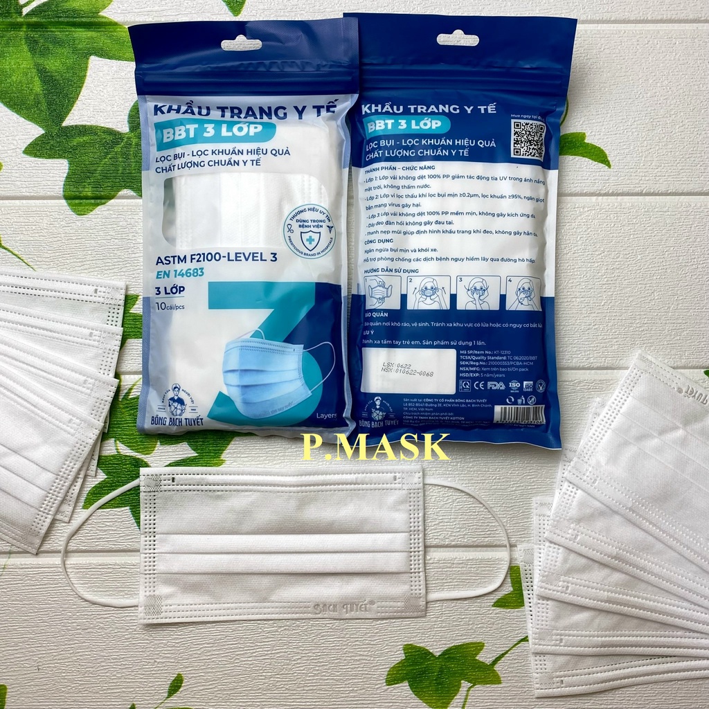 Khẩu trang y tế BÔNG BẠCH TUYẾT 3 LỚP màu Trắng, Xanh 10 cái/ gói