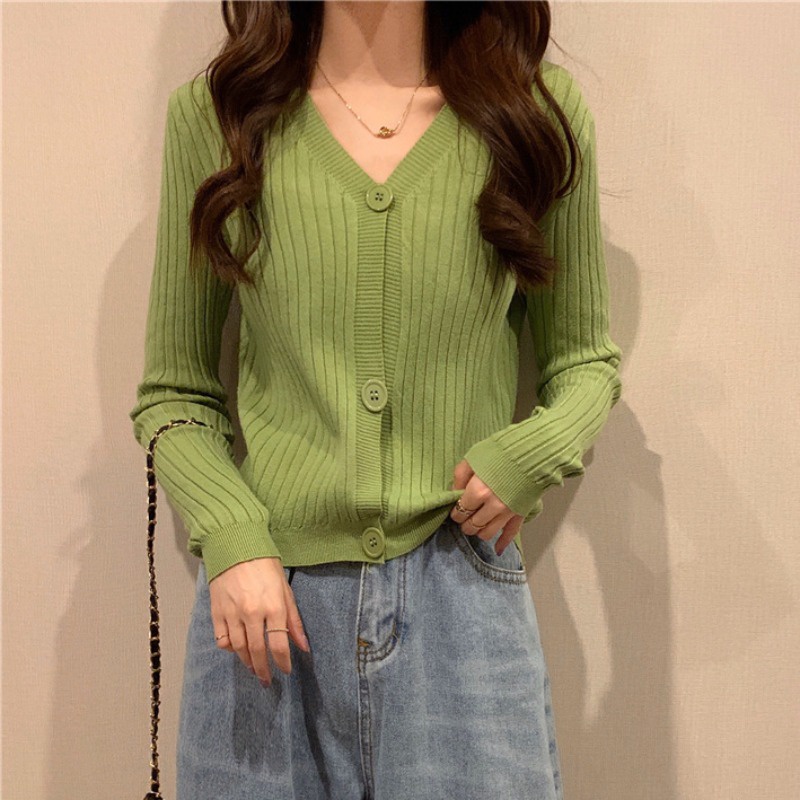 Áo Khoác Cardigan Dệt Kim Cổ Tim Xinh Xắn Cho Nữ Chất Len Tăm Phong Cách Ulzzang Hàn Quốc Nhiều Màu