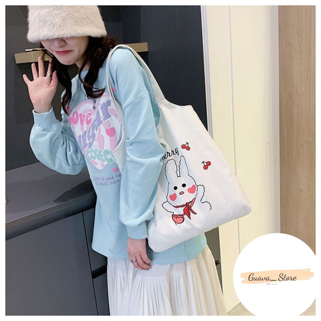 Túi Tote Trắng Vải Canvas Mềm Mịn Hình Gấu Cute Phù Hợp Cho Đi Chơi Đi Cafe