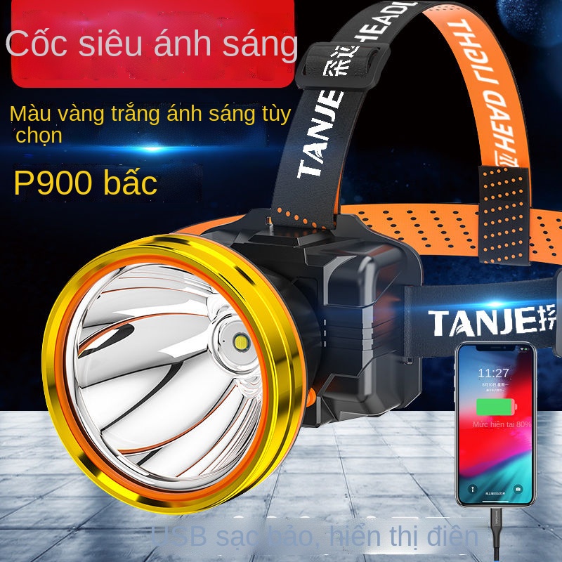 ◘☃❃Đèn pha ánh sáng mạnh có thể sạc lại được gắn trên đầu chế độ chờ cực dài Đèn chiếu sáng tầm xa siêu sáng Đèn pin đán