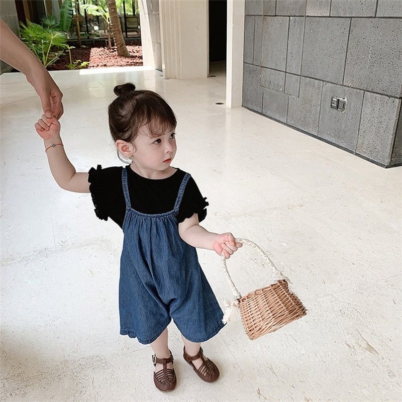 Quần Yếm Denim Ống Rộng Thời Trang Mùa Hè Hàn Quốc Mới Cho Bé Gái