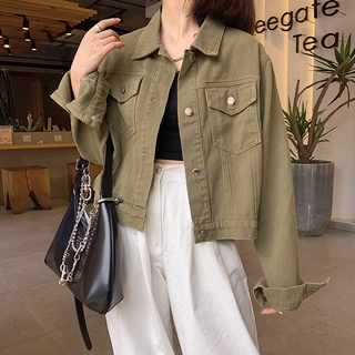 Áo Khoác Denim Dáng Lửng Tay Dài Màu Trơn 37639