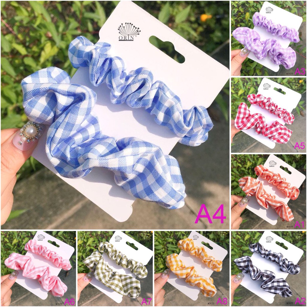 Set 2 dây buộc tóc, dây cột tóc scrunchies caro siêu xinh Orin K1177 K1179 K1194