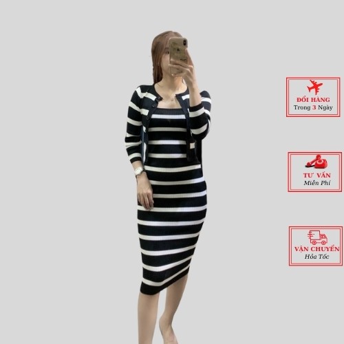 Váy đầm body len 2 dây nữ dáng dài maxi kẻ ngang đen trắng kèm áo cardigan ulzzang Hàn Quốc