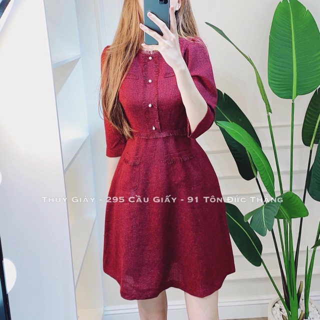 Váy dạ tweed đỏ A khuy