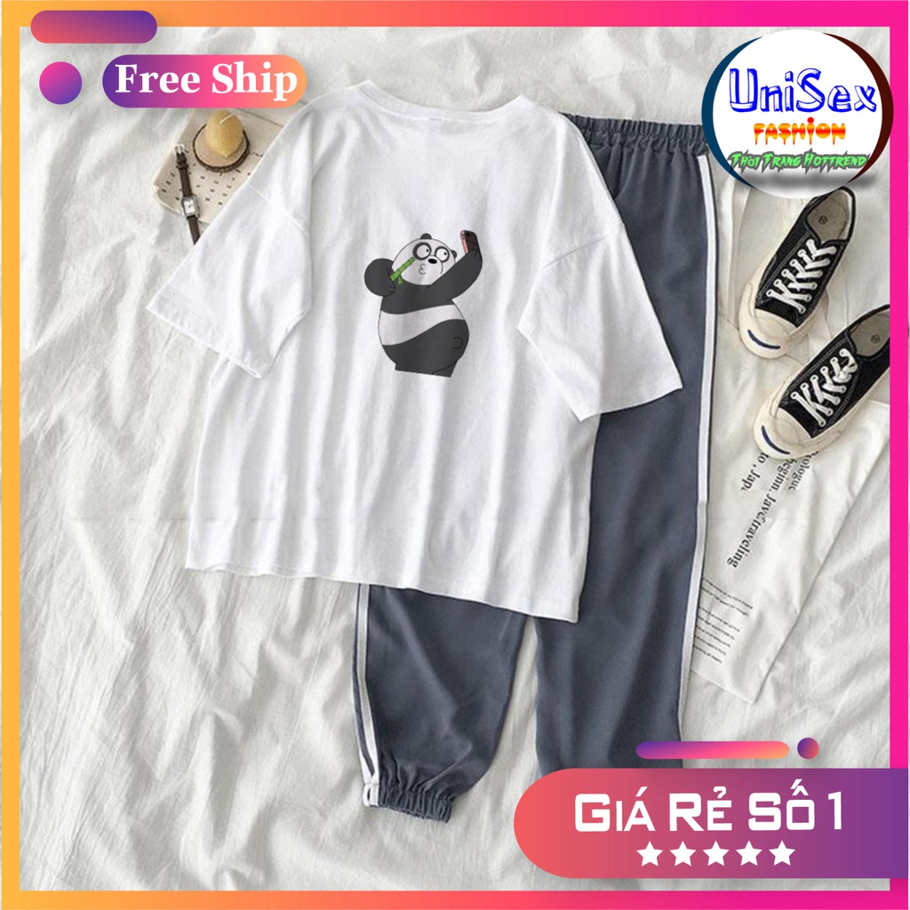 Set Jogger Line Phối Thun Unisex We Bare Bears Gấu Trắng S40 -Set Áo Thun Tay Lỡ In Nhiệt Unisex Form Rộng Quần Thể Thao